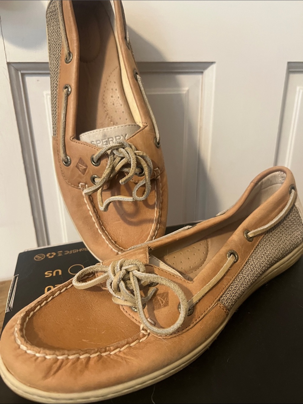 Sperry Tan Leather & Woven Side Boat Shoes